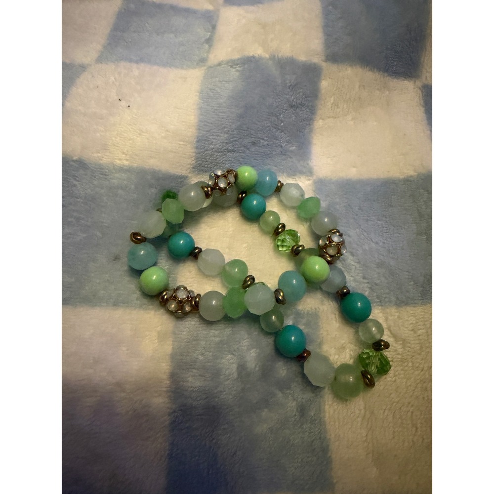 HandmadedBeaded Stretch Bracelet Set Mint Teal Green Glass Crystal Boho Stacking